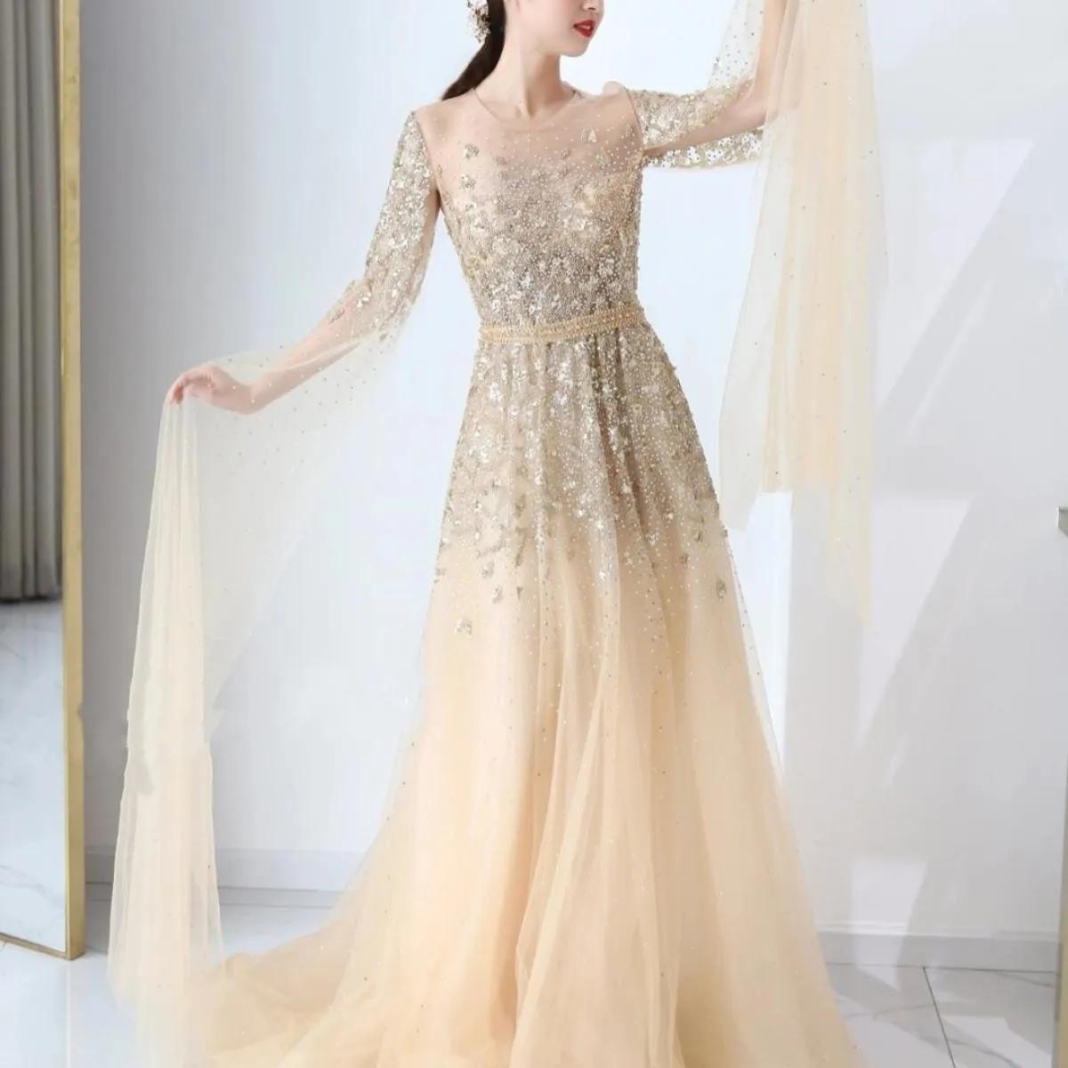 Abiti da sera con perline Dubai Arabia con maniche a mantella Abiti da cerimonia di lusso per abiti da sera da donna