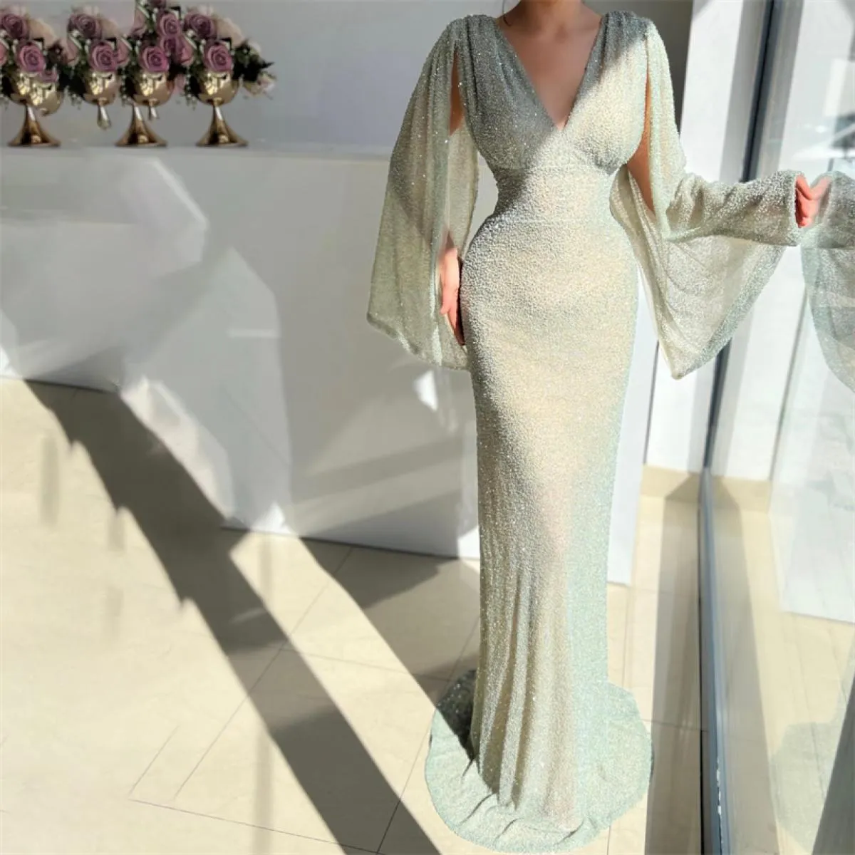 Abiti da sera formali Boho verde fata Glitter Meramid Maniche a mantella Abito da ballo lucido per abiti da festa occasionali pe