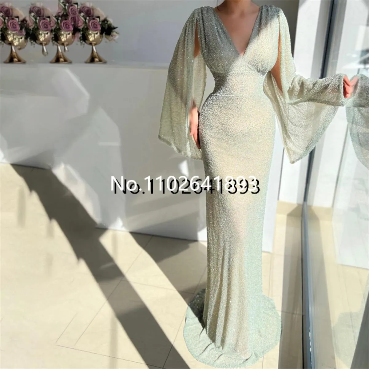 Abiti da sera formali Boho verde fata Glitter Meramid Maniche a mantella Abito da ballo lucido per abiti da festa occasionali pe
