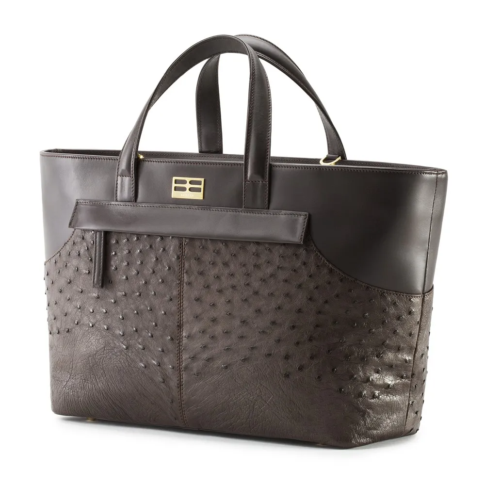 Aleksandra Badura - Cherie Bag - Borsa Tote in Struzzo e Vitello - Cioccolato - Borsa in Pelle di Alta Qualità Luxury