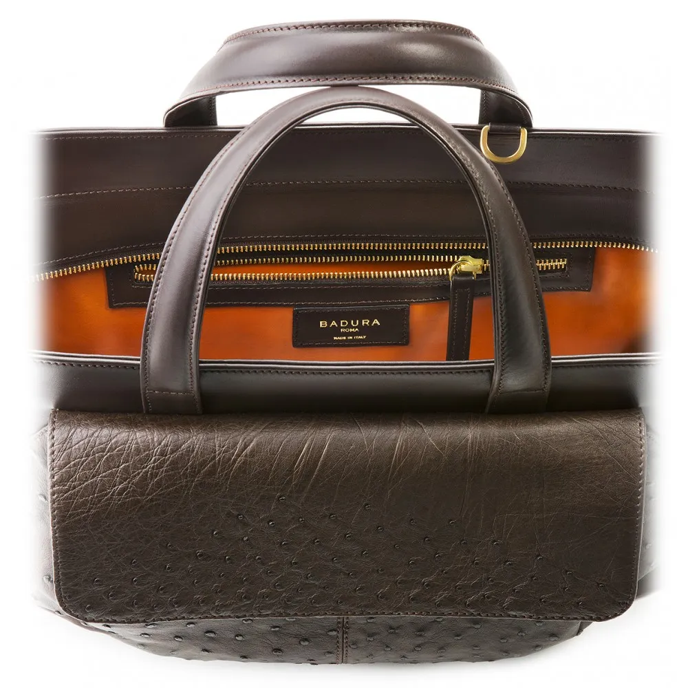 Aleksandra Badura - Cherie Bag - Borsa Tote in Struzzo e Vitello - Cioccolato - Borsa in Pelle di Alta Qualità Luxury