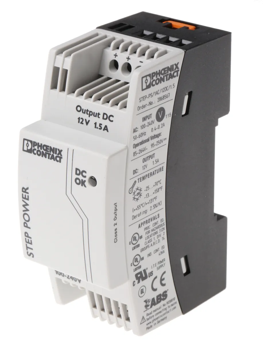 Alimentatore a montaggio su guida DIN Phoenix Contact, 12V cc, 1.5A, 85 → 264V ca, 18W