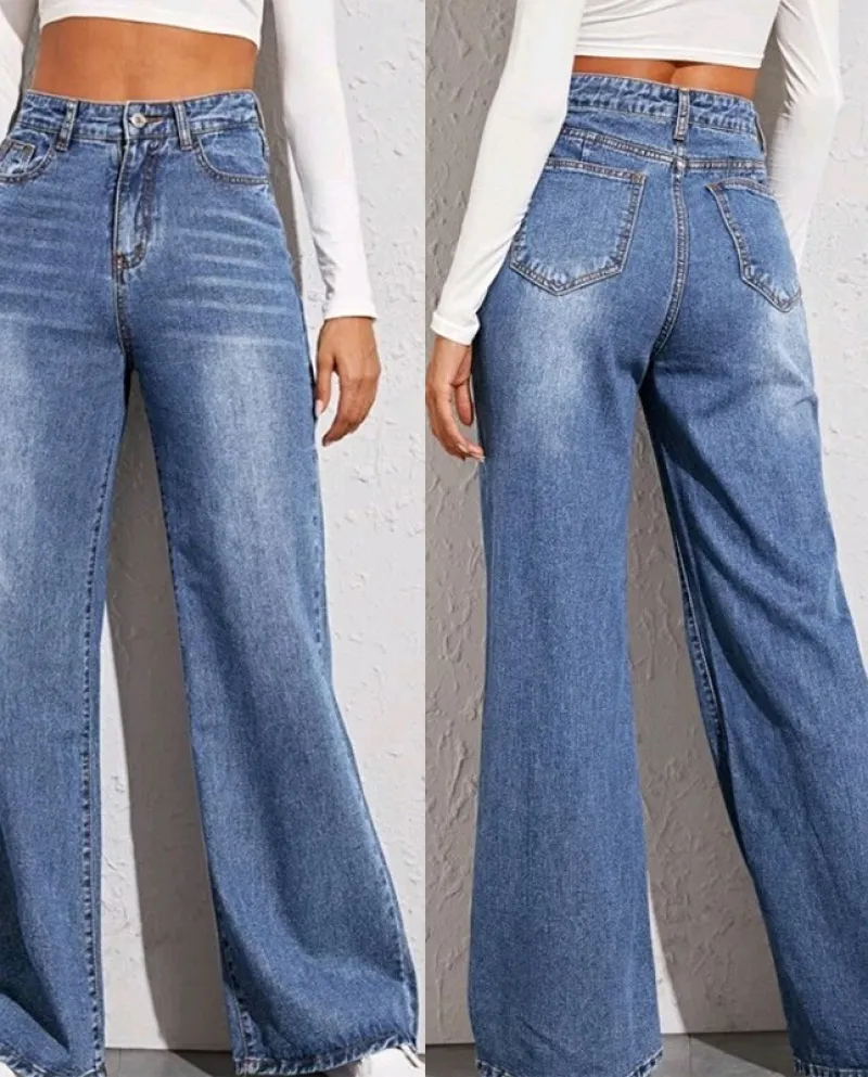 And    Hot Style Washed Cat Whiskers And Horseman Crafts Loose High Waist Wide Leg Jeans For Women