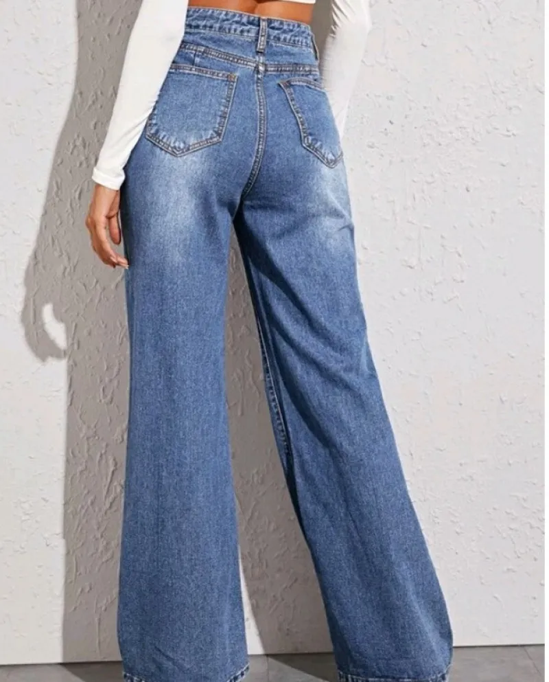 And    Hot Style Washed Cat Whiskers And Horseman Crafts Loose High Waist Wide Leg Jeans For Women