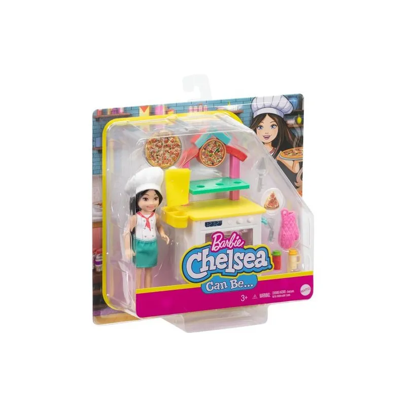 BARBIE SCATOLA CON BAMBOLINA CHELSEA PIZZA CHEF FORNO + ACCESSORI BAMBOLA BRUNA 15CM MATTEL OFFICIAL PRODUCT