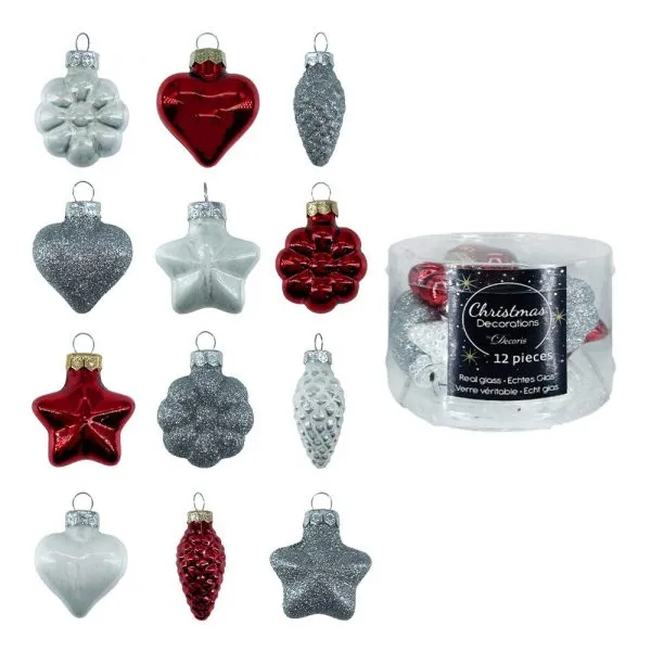 Box 12 Decorazioni Assortite in Vetro H 4 cm – Argento e Rosso
