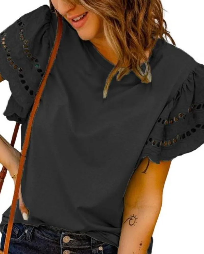 Camicetta da donna casual dolce girocollo scava fuori manica corta a pipistrello arruffato tinta unita maglietta femminile estat