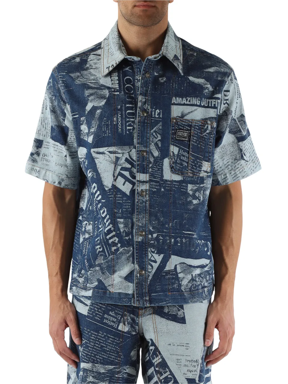 Camicia a maniche corte in denim con lavorazione jacquard