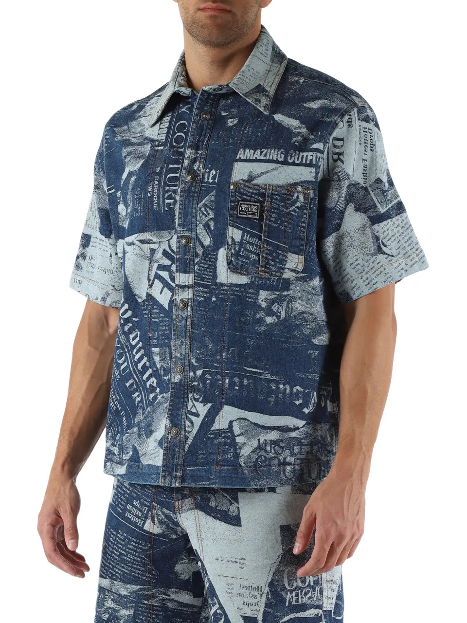 Camicia a maniche corte in denim con lavorazione jacquard