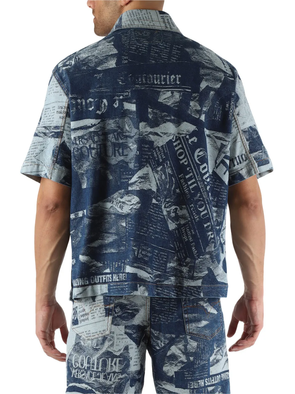 Camicia a maniche corte in denim con lavorazione jacquard