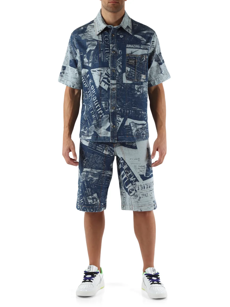 Camicia a maniche corte in denim con lavorazione jacquard