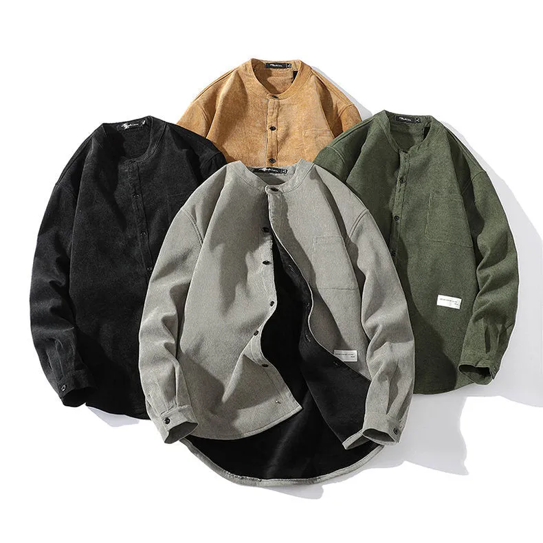 Camicia casual con colletto alla coreana da uomo in stile retrò americano