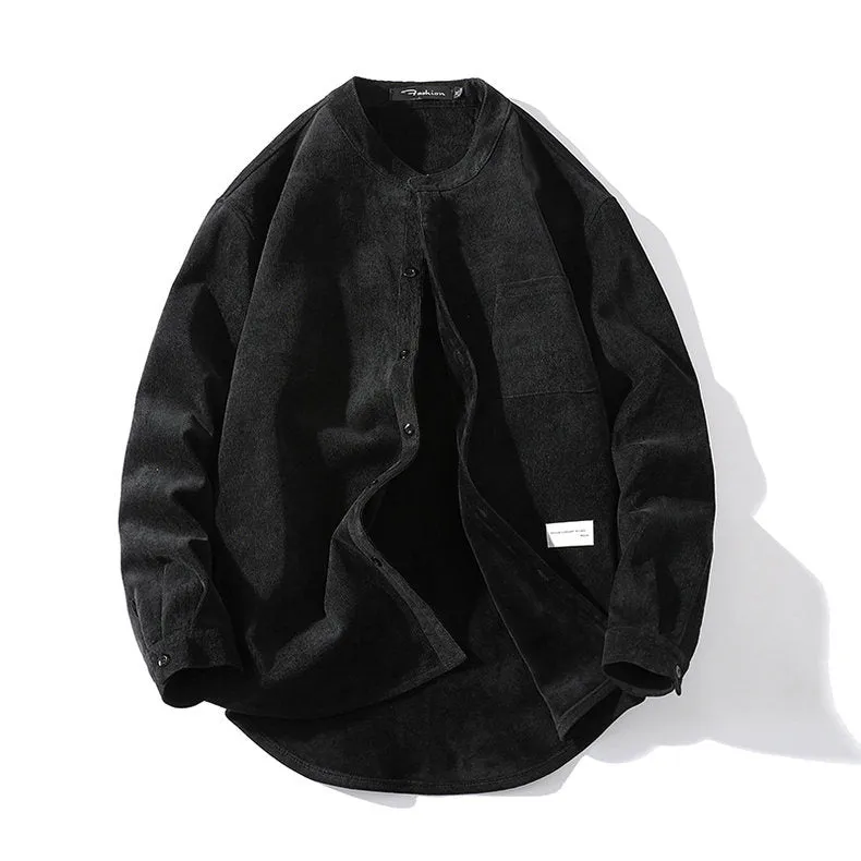 Camicia casual con colletto alla coreana da uomo in stile retrò americano