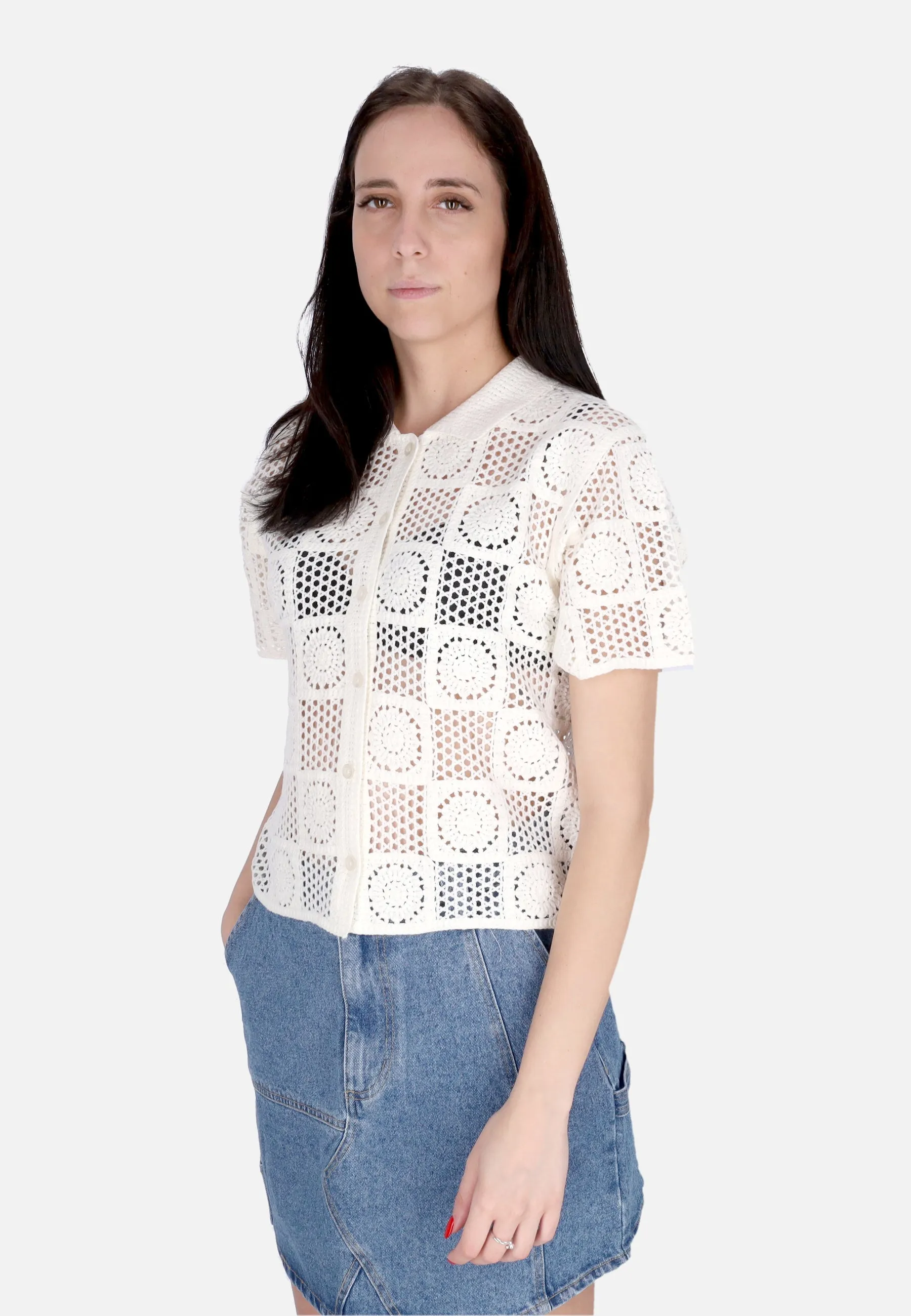 Camicia Manica Corta Donna W Agatha Crochet Knit Sweater Unbleached