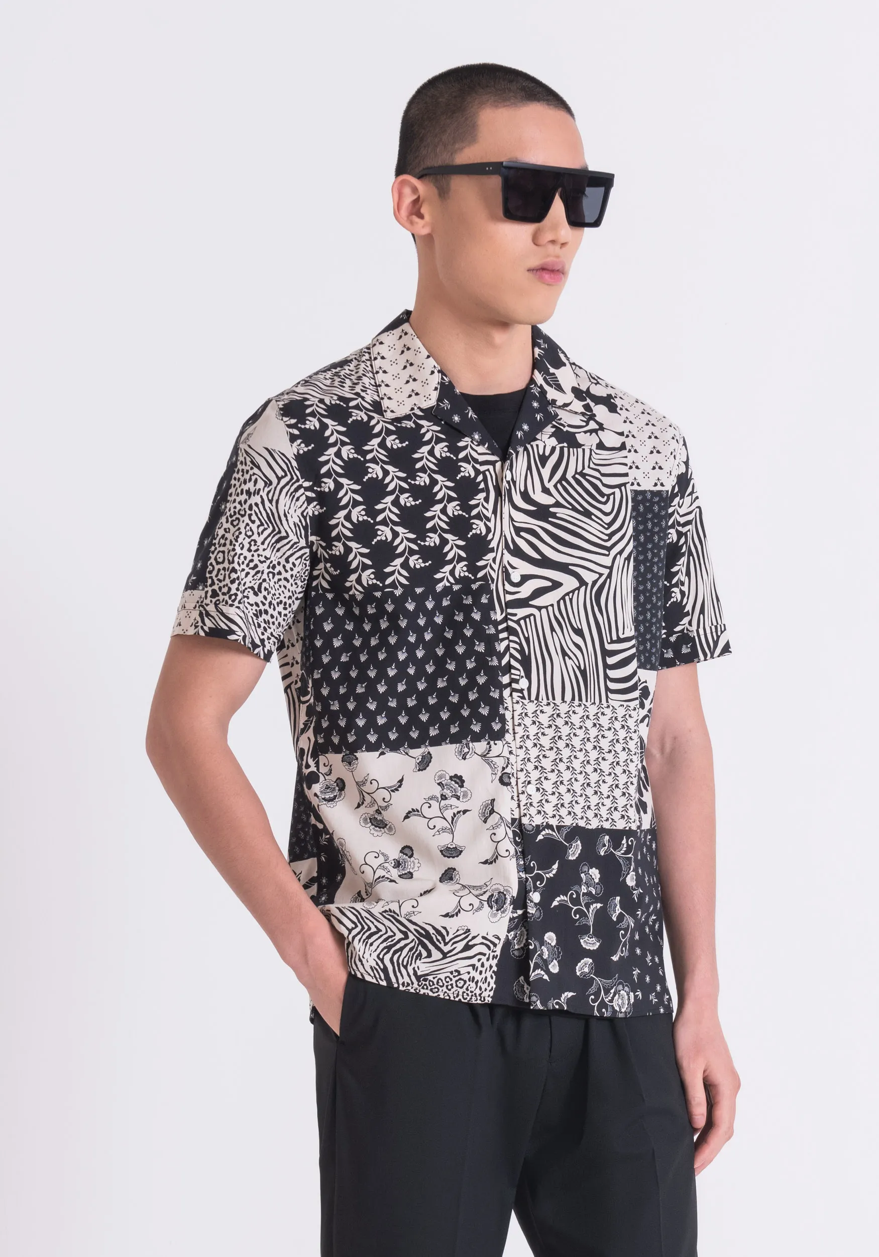 CAMICIA REGULAR STRAIGHT FIT “HONOLULU” IN MISTO COTONE STAMPATO