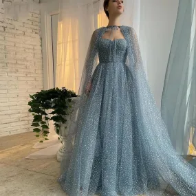 Dusty Blue Sparkly Tulle Abiti da ballo Mantella lunga da donna Sweetheart A Line Abiti da festa formali 2022 Abito da ballo da