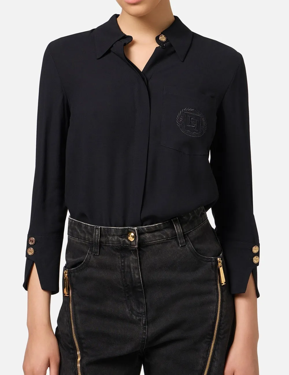 Elisabetta Franchi     Camicia in georgette con patch logo nera