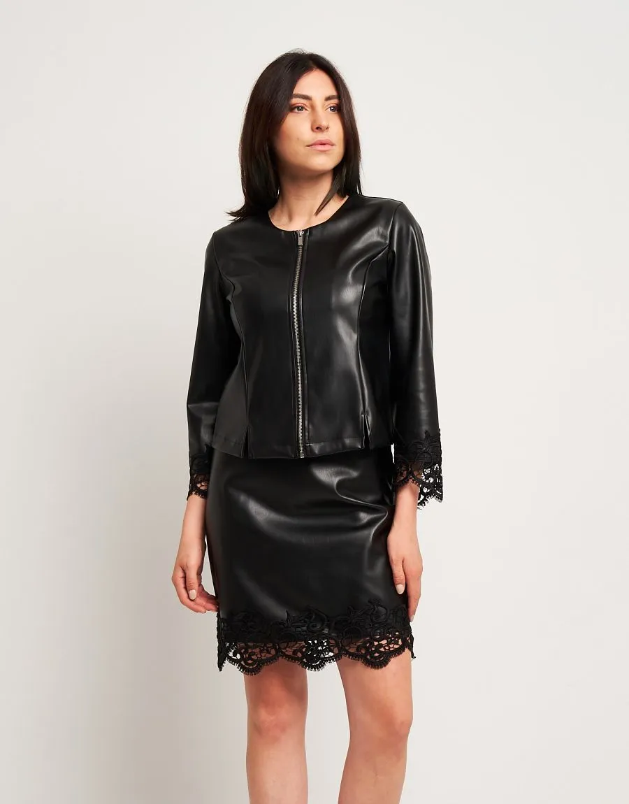 Giubbino in ecopelle con zip e pizzo