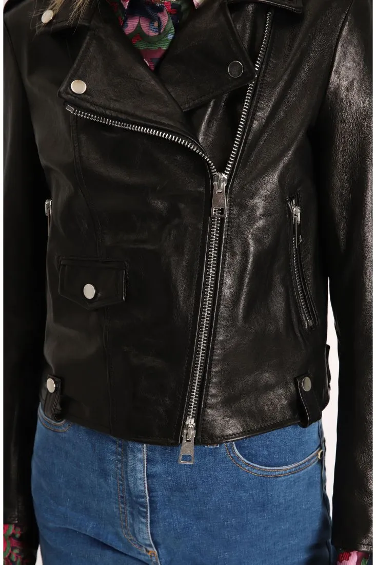 Giubbotto cropped in vera pelle modello biker con zip