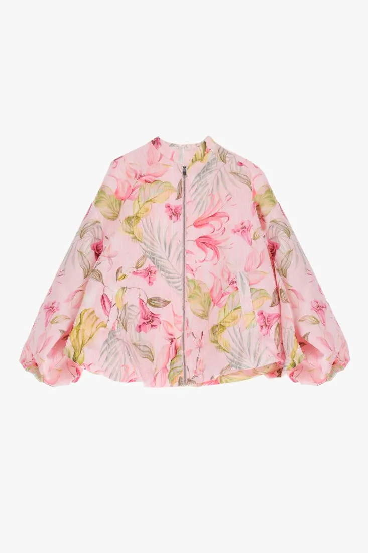 Giubbotto fantasia floreale con zip e tasche a filetto