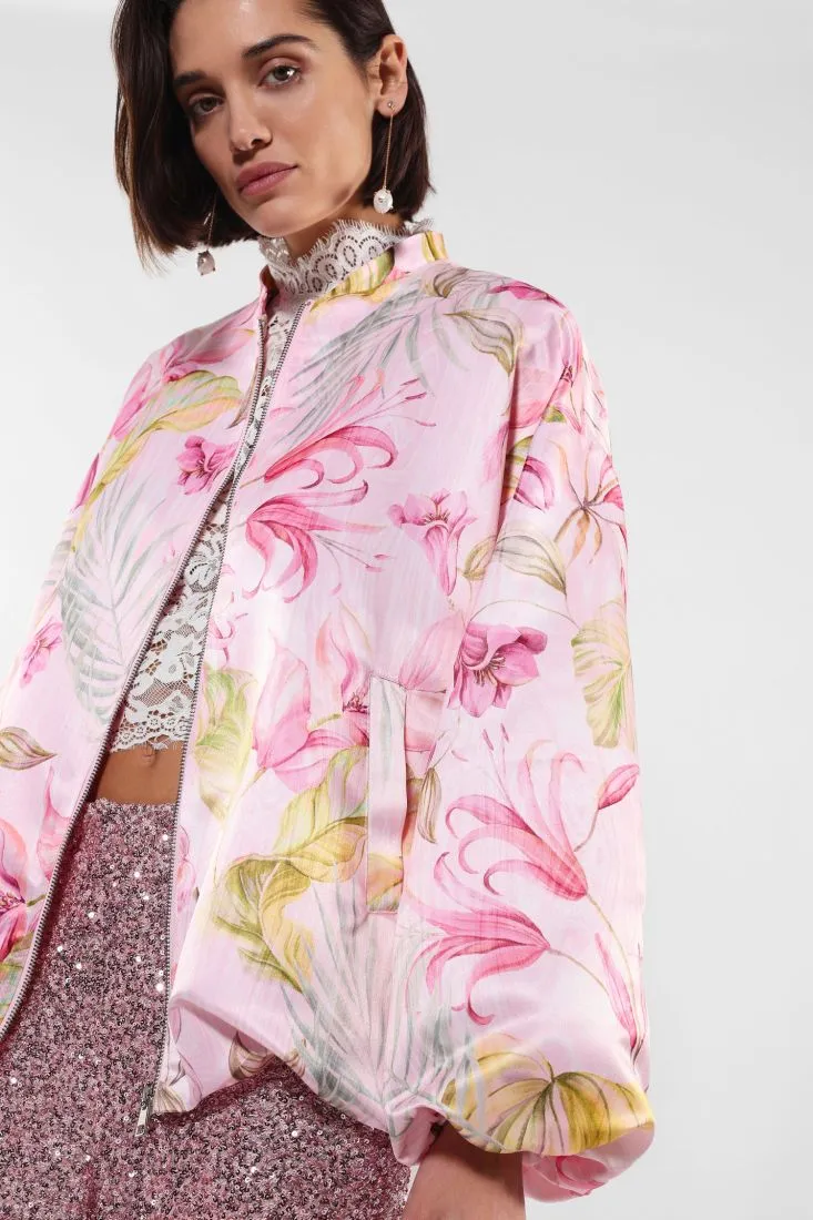 Giubbotto fantasia floreale con zip e tasche a filetto
