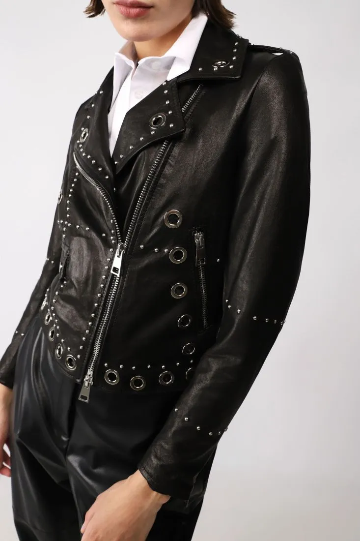 Giubbotto in vera pelle modello biker con borchie