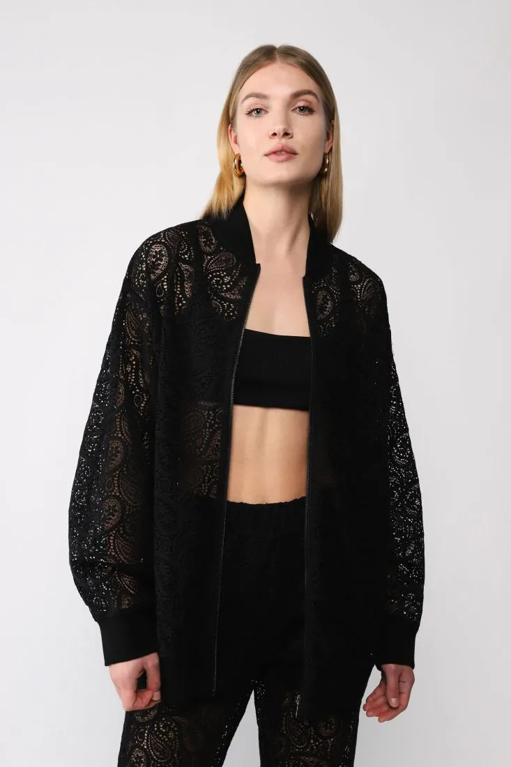 Giubbotto oversize monocolour lavorazione effetto pizzo con zip