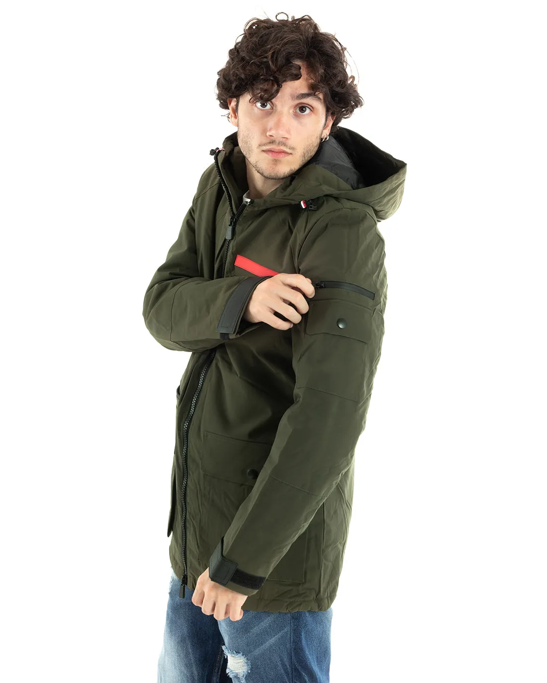 Giubbotto Uomo Bomber Lungo Tessuto Tecnico Tinta Unita Verde GIOSAL-G3002A