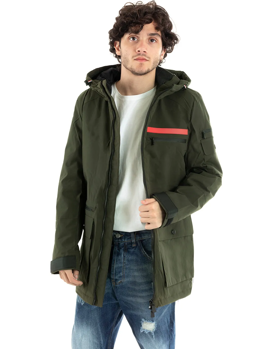 Giubbotto Uomo Bomber Lungo Tessuto Tecnico Tinta Unita Verde GIOSAL-G3002A