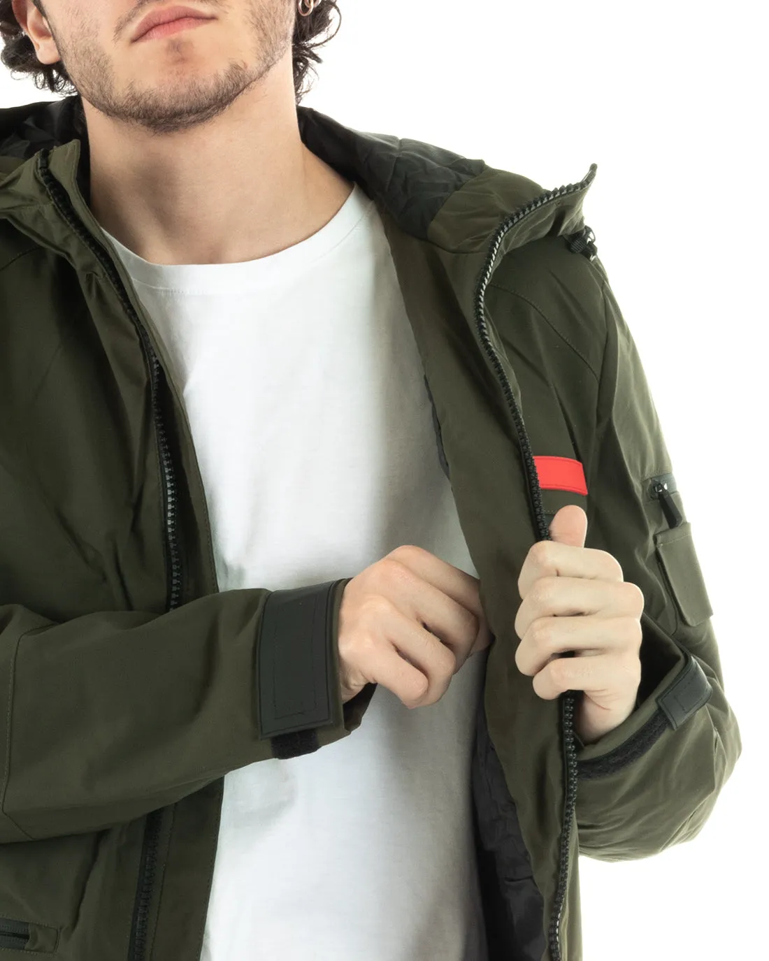 Giubbotto Uomo Bomber Lungo Tessuto Tecnico Tinta Unita Verde GIOSAL-G3002A