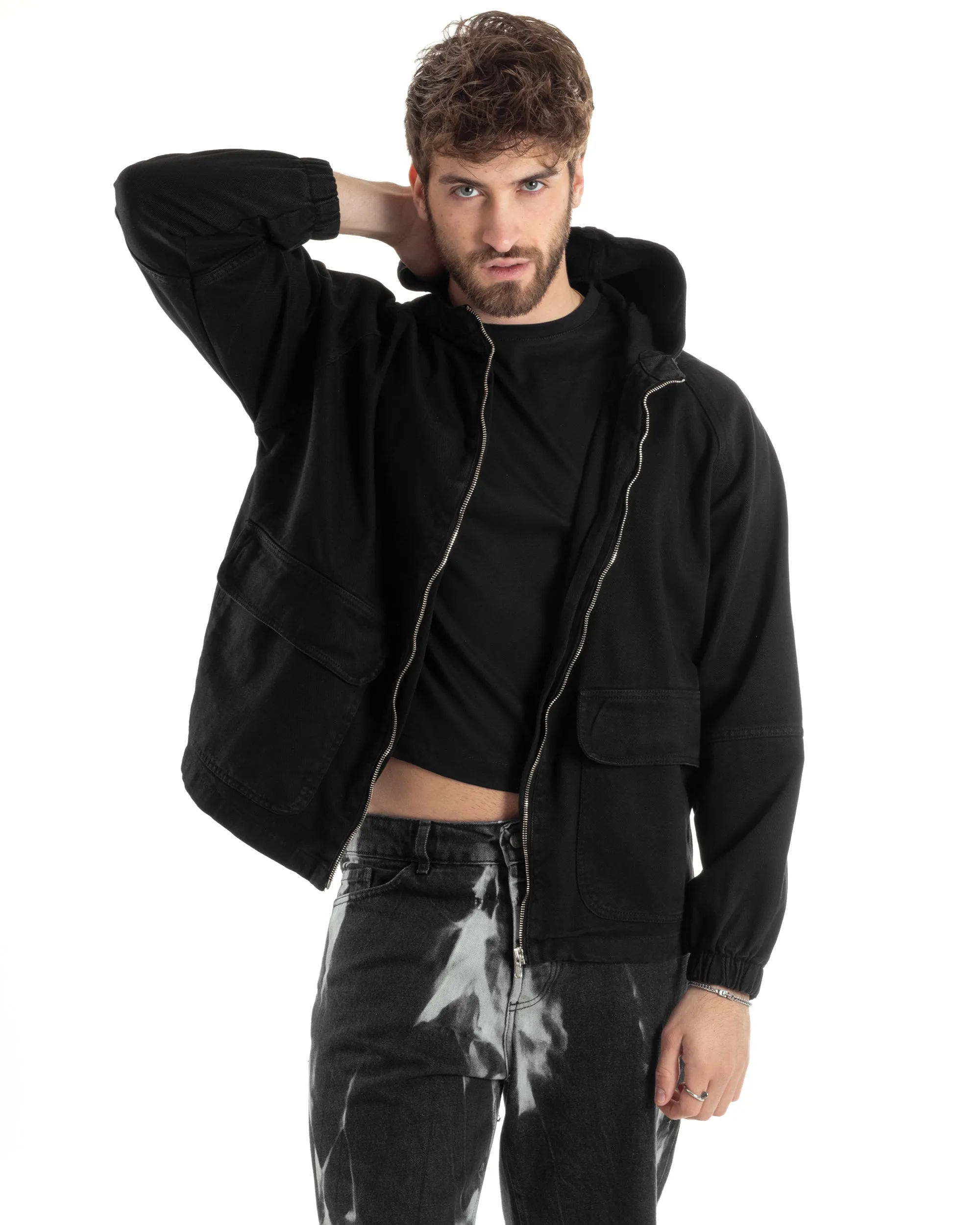 Giubbotto Uomo In Tessuto Giacca Con Cappuccio Oversize Comodo Cropped Tinta Unita Nero GIOSAL-G3172A
