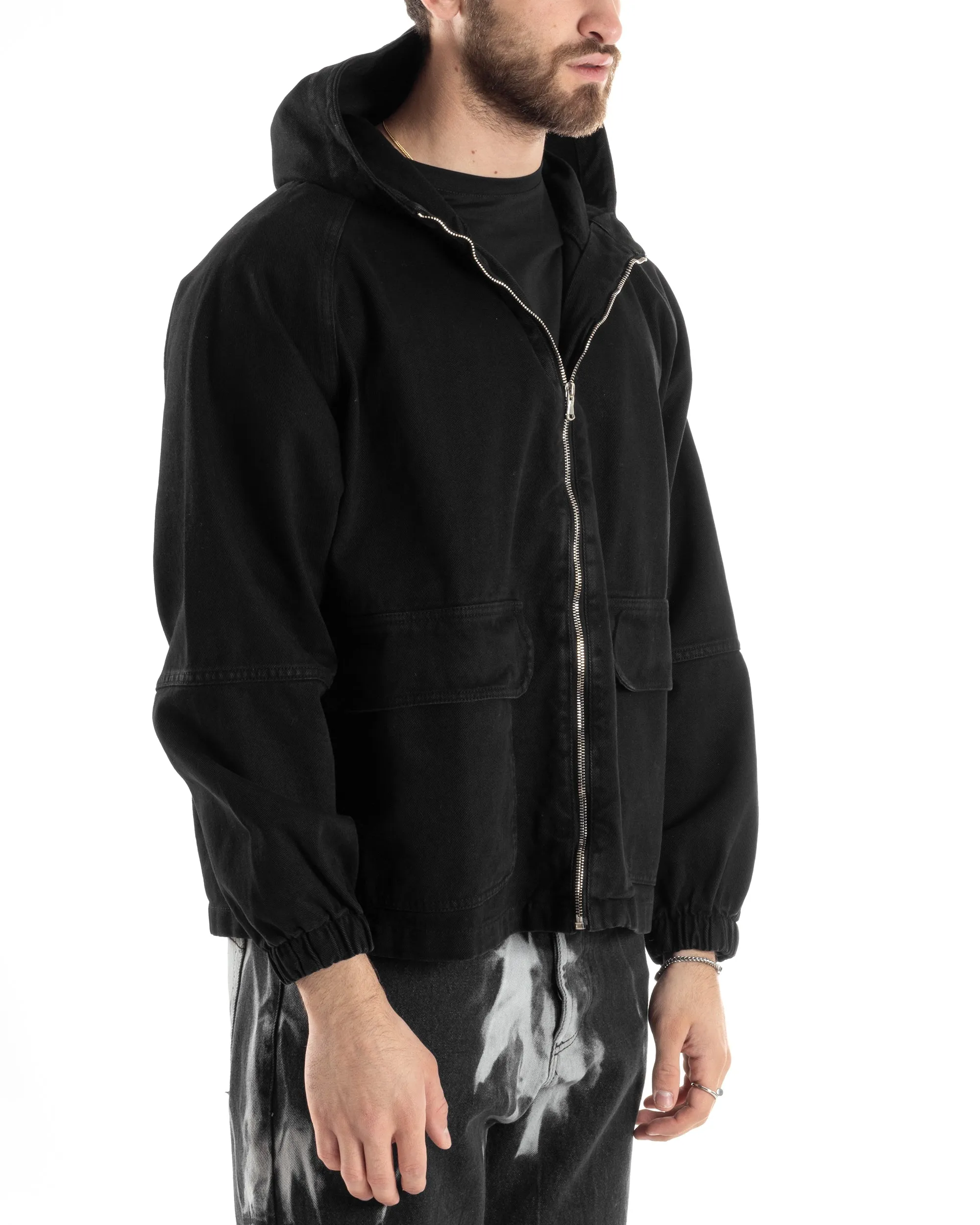 Giubbotto Uomo In Tessuto Giacca Con Cappuccio Oversize Comodo Cropped Tinta Unita Nero GIOSAL-G3172A