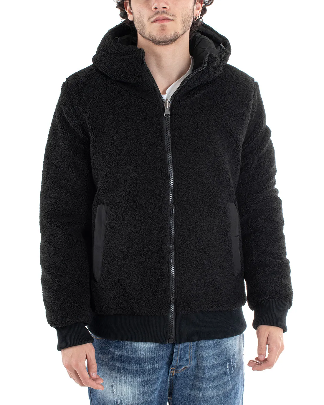 Giubbotto Uomo Nero Opaco Double Face Bomber Con Pelliccia Puffer Teddy GIOSAL-G2999A