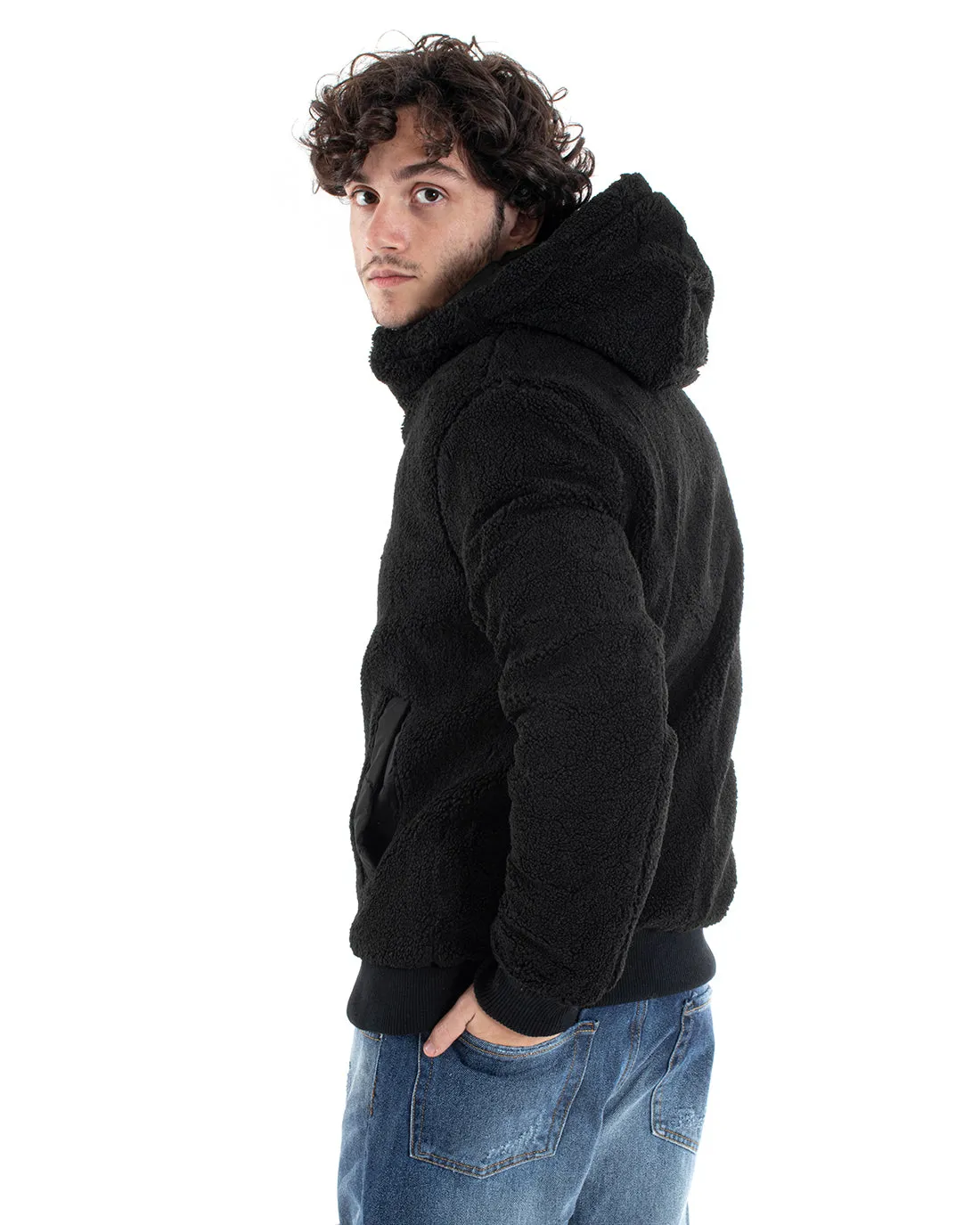 Giubbotto Uomo Nero Opaco Double Face Bomber Con Pelliccia Puffer Teddy GIOSAL-G2999A