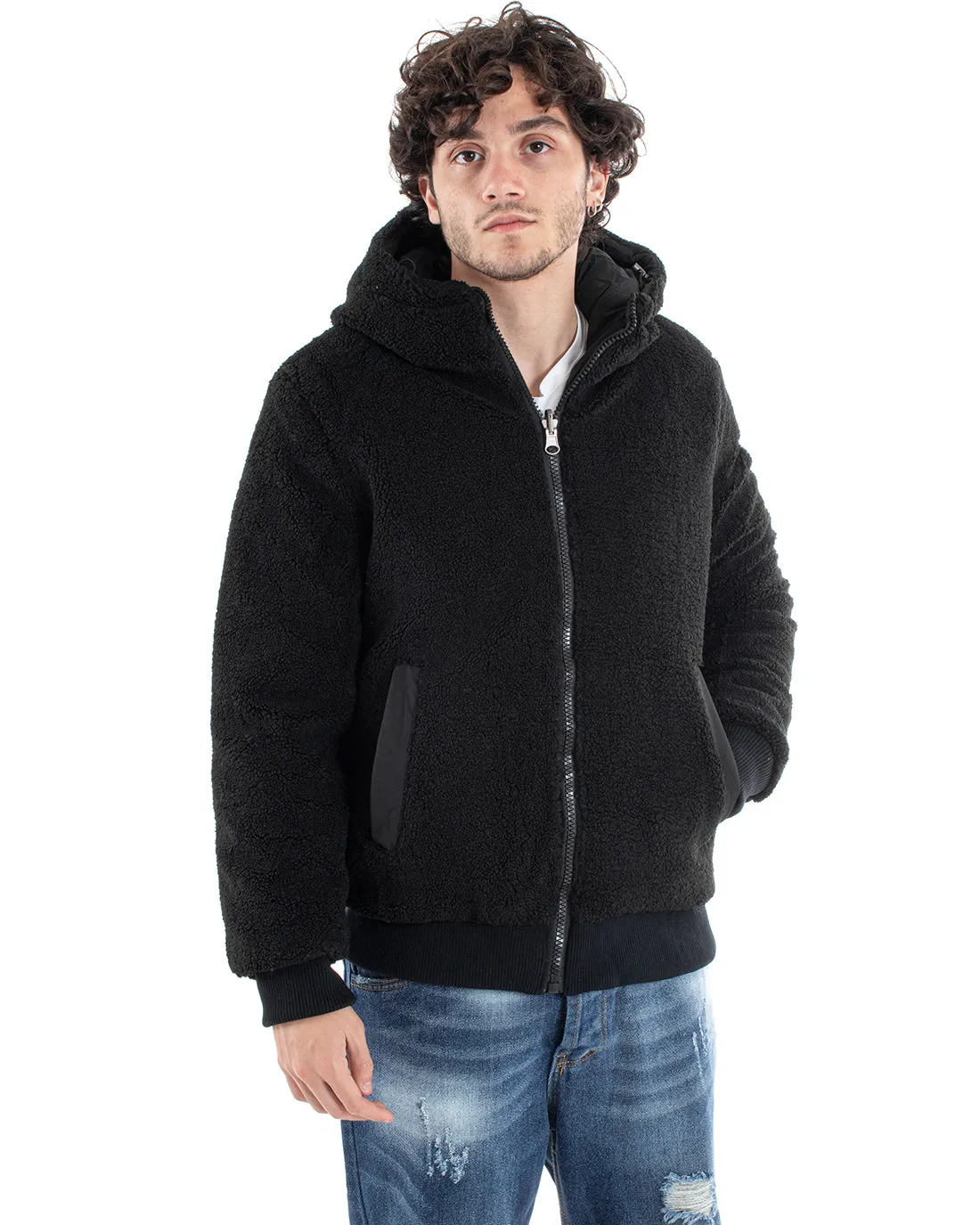Giubbotto Uomo Nero Opaco Double Face Bomber Con Pelliccia Puffer Teddy GIOSAL-G2999A