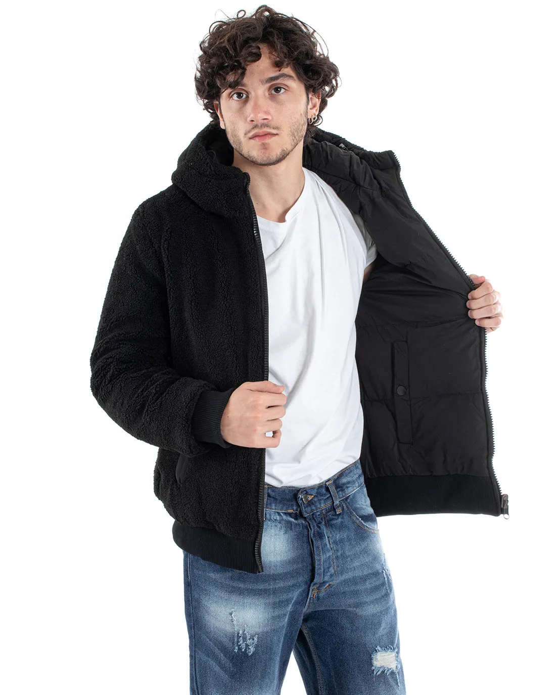 Giubbotto Uomo Nero Opaco Double Face Bomber Con Pelliccia Puffer Teddy GIOSAL-G2999A
