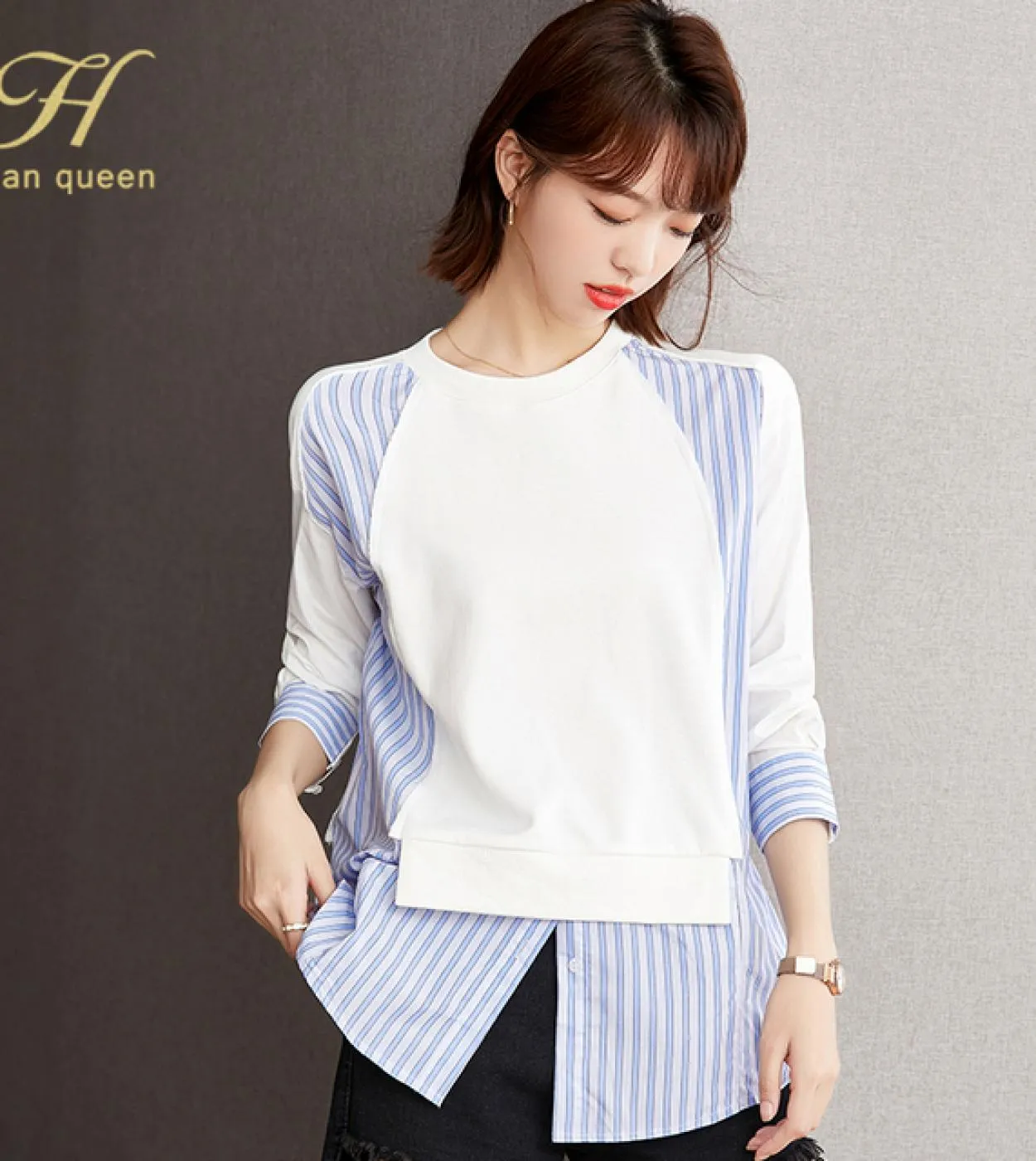 H Han Queen Camicette femminili oversize Patchwork Felpa a righe Manica lunga Camicetta casual allentata O Collo Blusas Donna C