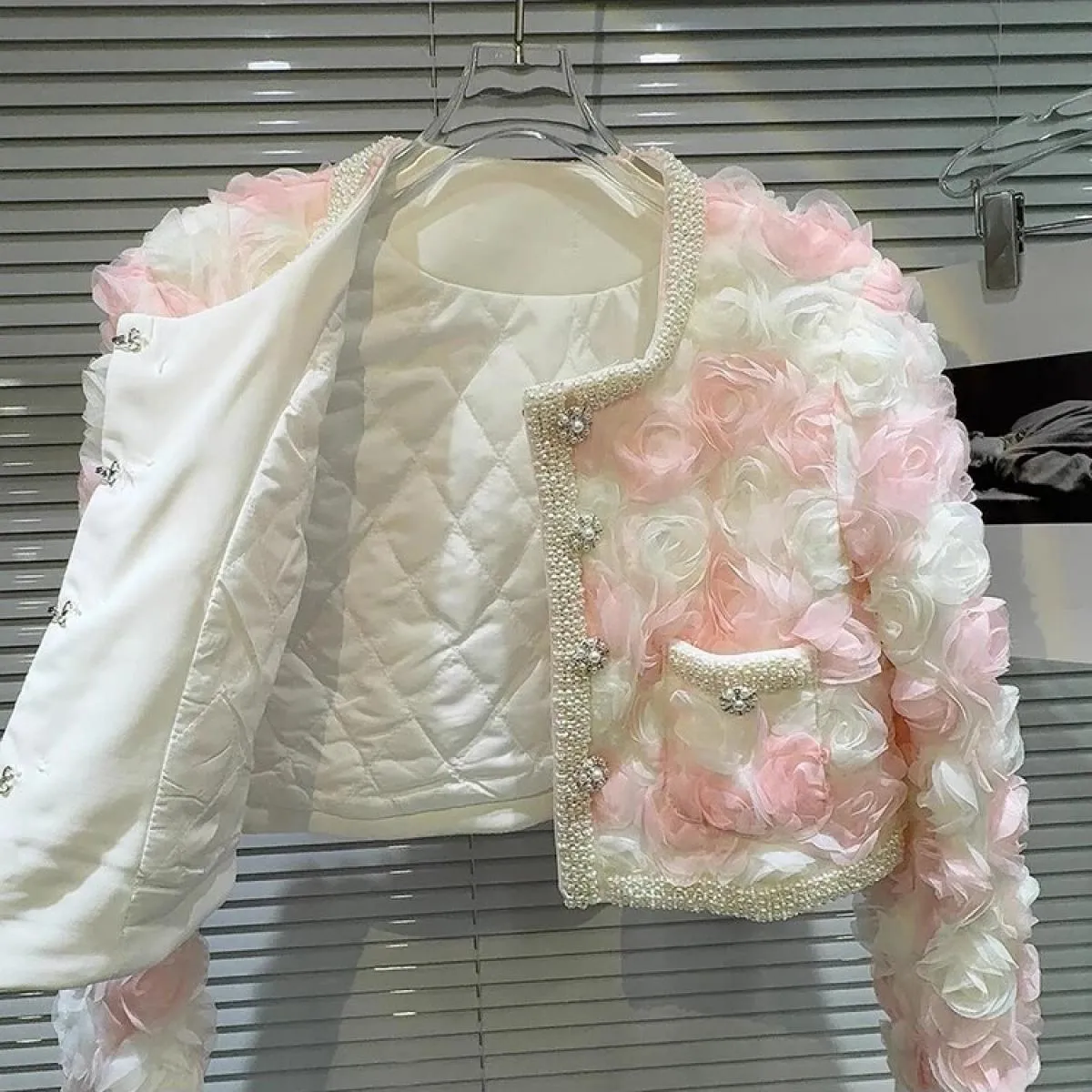 High Street più recente 2023 Autunno Inverno Designer Moda Donna Giacca corta in filato floreale tridimensionale con borchie con