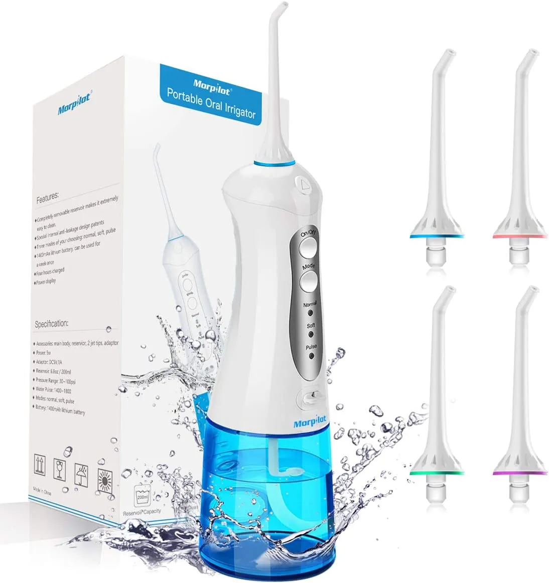 Idropulsore Dentale Portatile 300ml Professionale con 4 Ugelli di Ricambio, 3 Modalità IPX7 Impermeabile Irrigatore Orale Portat