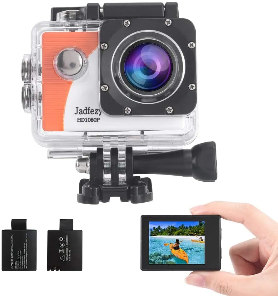 Jadfezy Action Camera 1080P 30fps, Fotocamera Subacquea impermeabile 30M, Sports Cam con due 900mAh Batterie Ricaricabili e Kit 