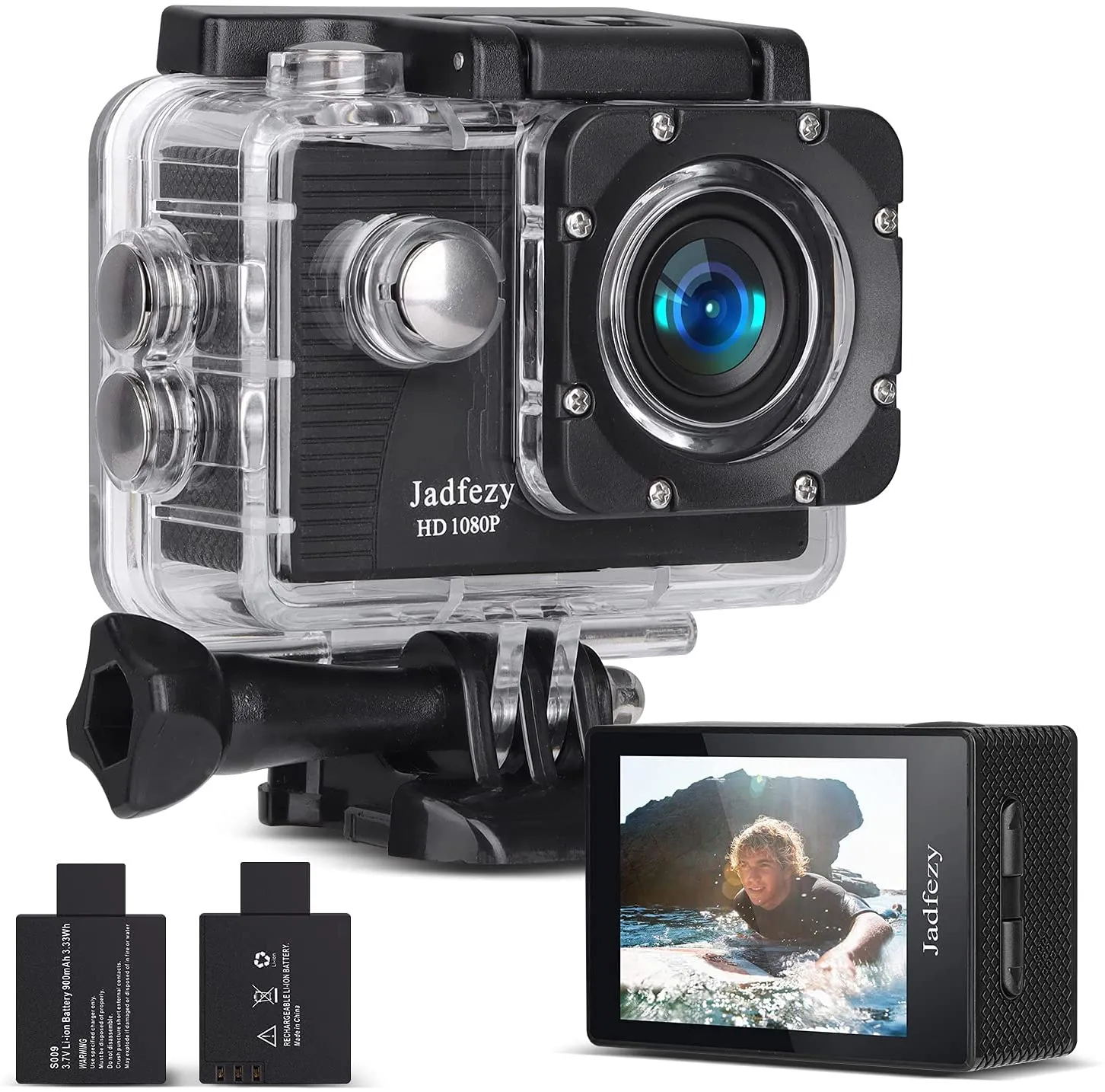Jadfezy Action Camera 1080P 30fps, Fotocamera Subacquea impermeabile 30M, Sports Cam con due 900mAh Batterie Ricaricabili e Kit 