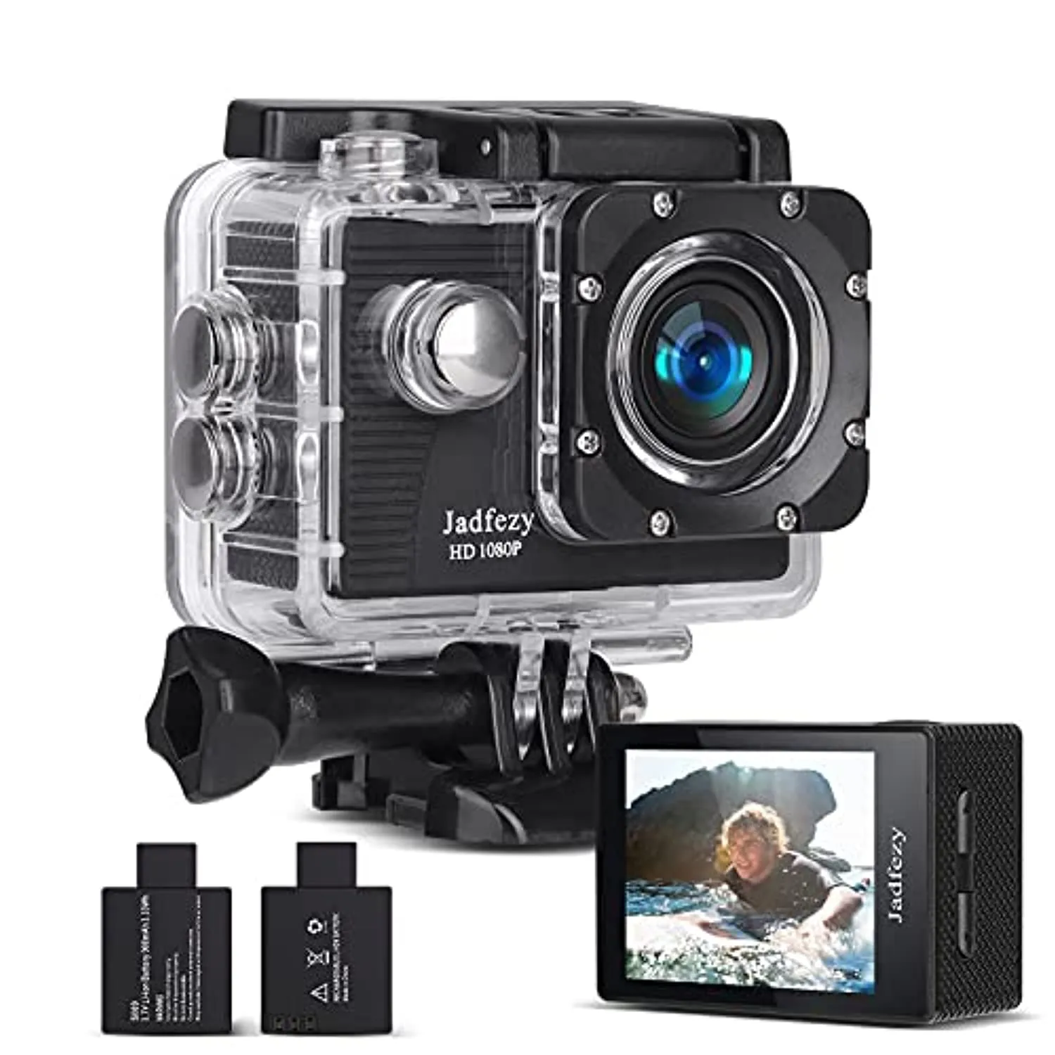 Jadfezy Action Camera 1080P 30fps, Fotocamera Subacquea impermeabile 30M, Sports Cam con due 900mAh Batterie Ricaricabili e Kit 