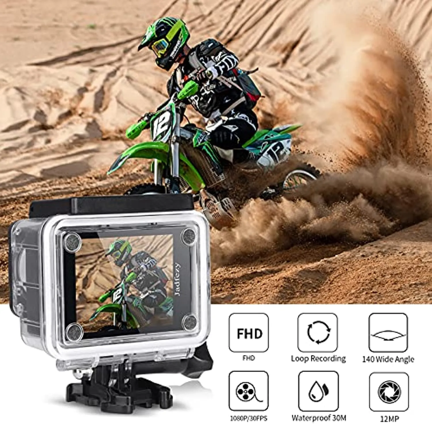 Jadfezy Action Camera 1080P 30fps, Fotocamera Subacquea impermeabile 30M, Sports Cam con due 900mAh Batterie Ricaricabili e Kit 