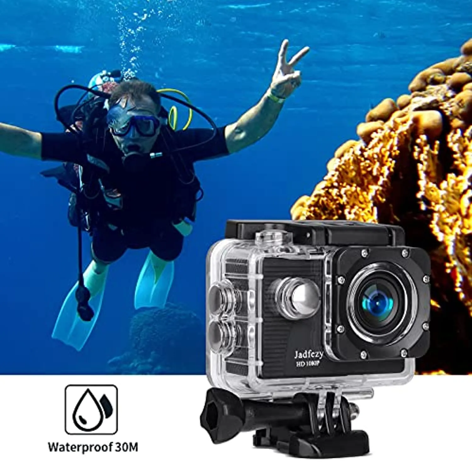 Jadfezy Action Camera 1080P 30fps, Fotocamera Subacquea impermeabile 30M, Sports Cam con due 900mAh Batterie Ricaricabili e Kit 