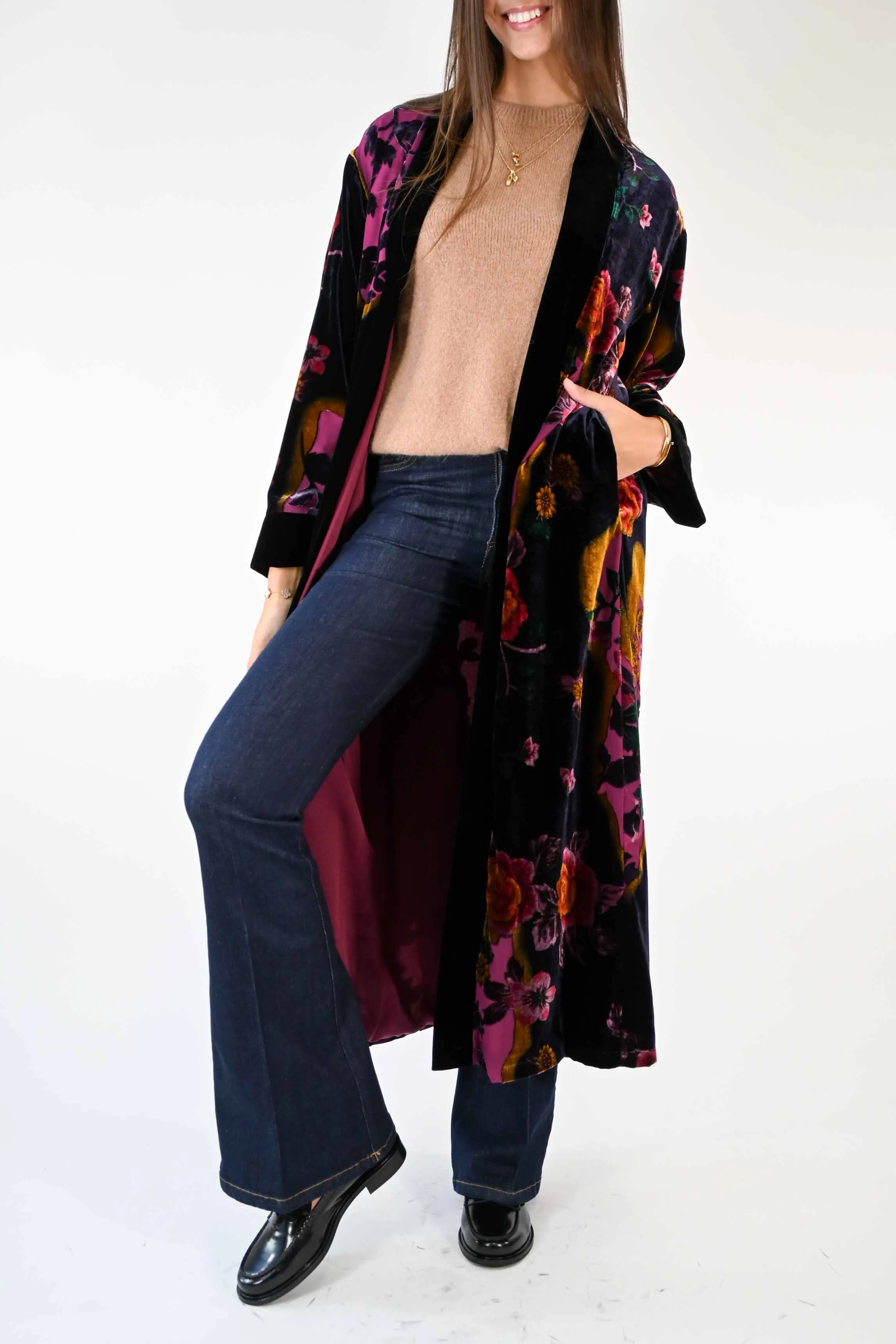 KIMONO LUNGO IN VELLUTO DEVORè FLOREALE COLOR FUXIA
