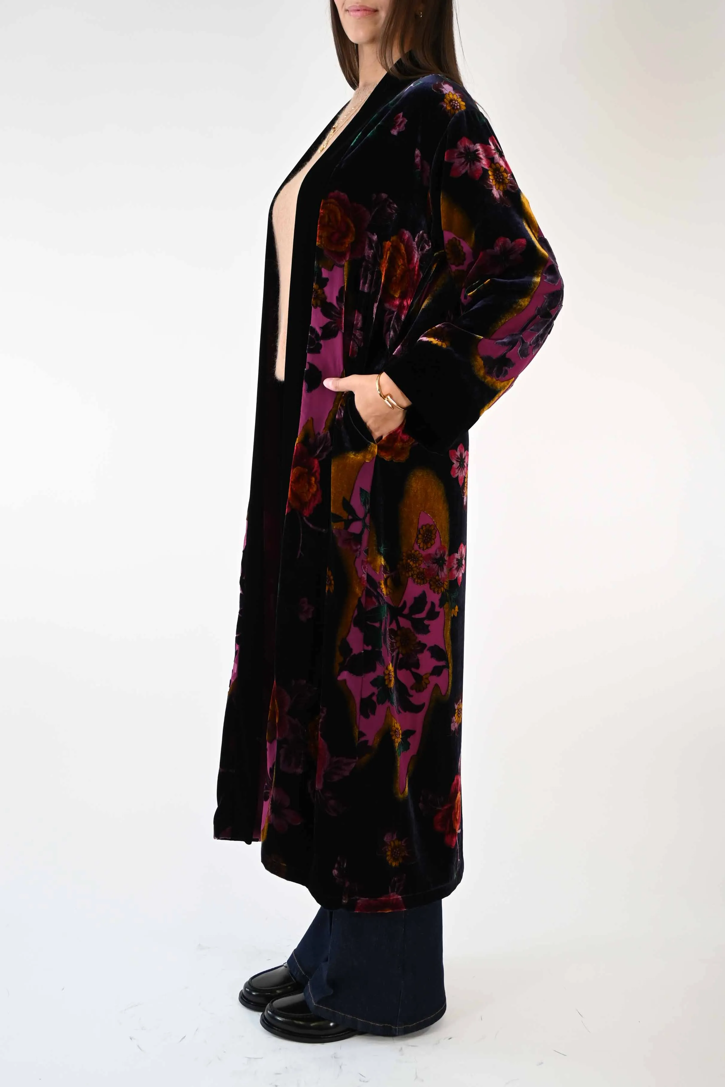 KIMONO LUNGO IN VELLUTO DEVORè FLOREALE COLOR FUXIA