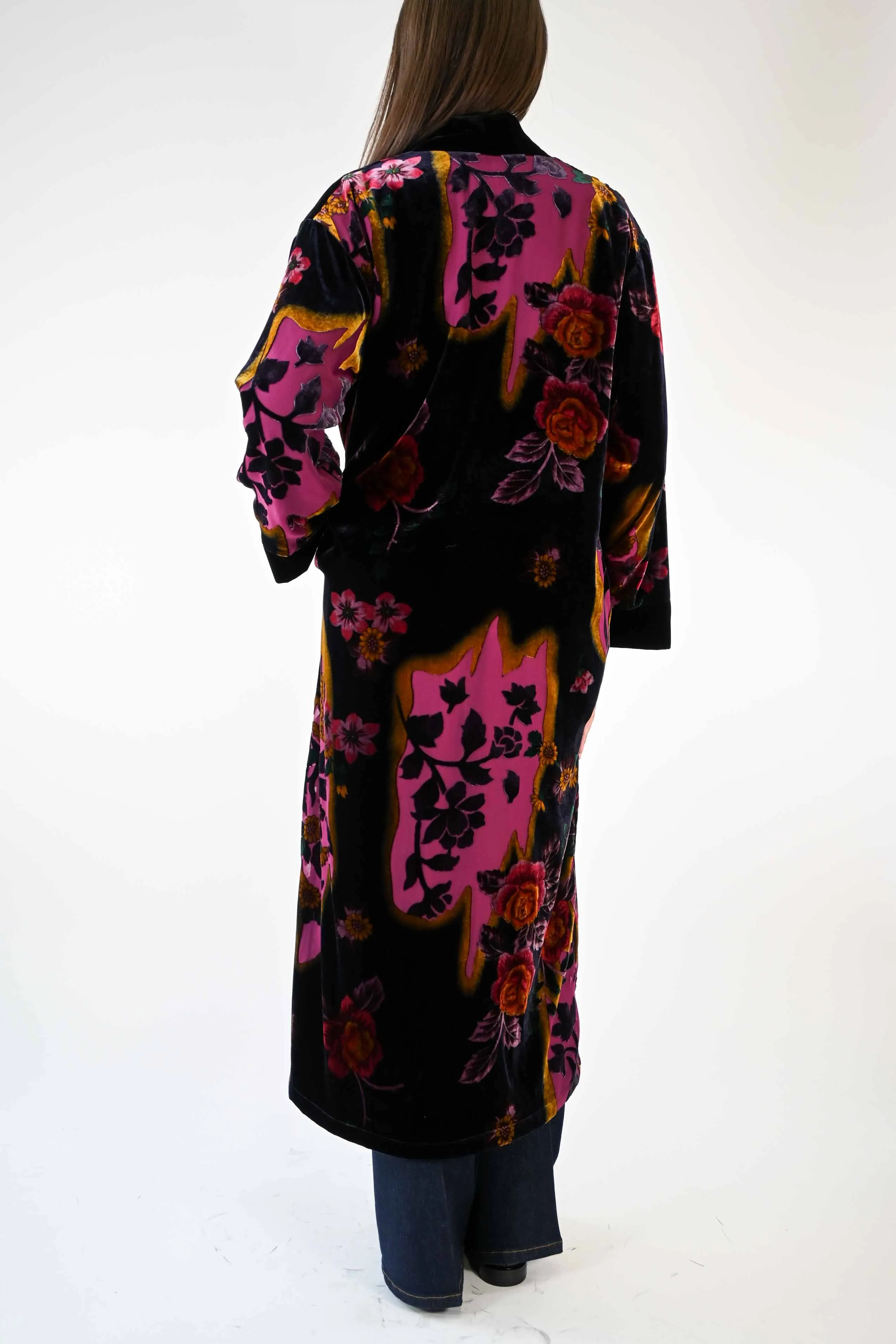 KIMONO LUNGO IN VELLUTO DEVORè FLOREALE COLOR FUXIA
