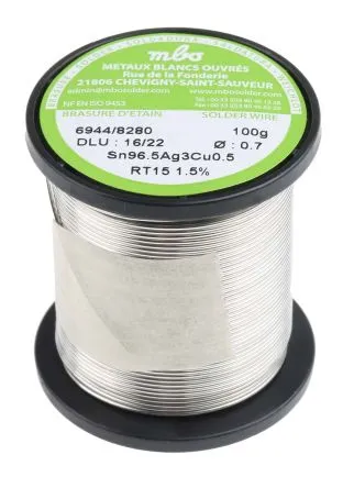 Lega saldante senza piombo MBO, Ø 0.7mm, punto fusione 217°C, 100g