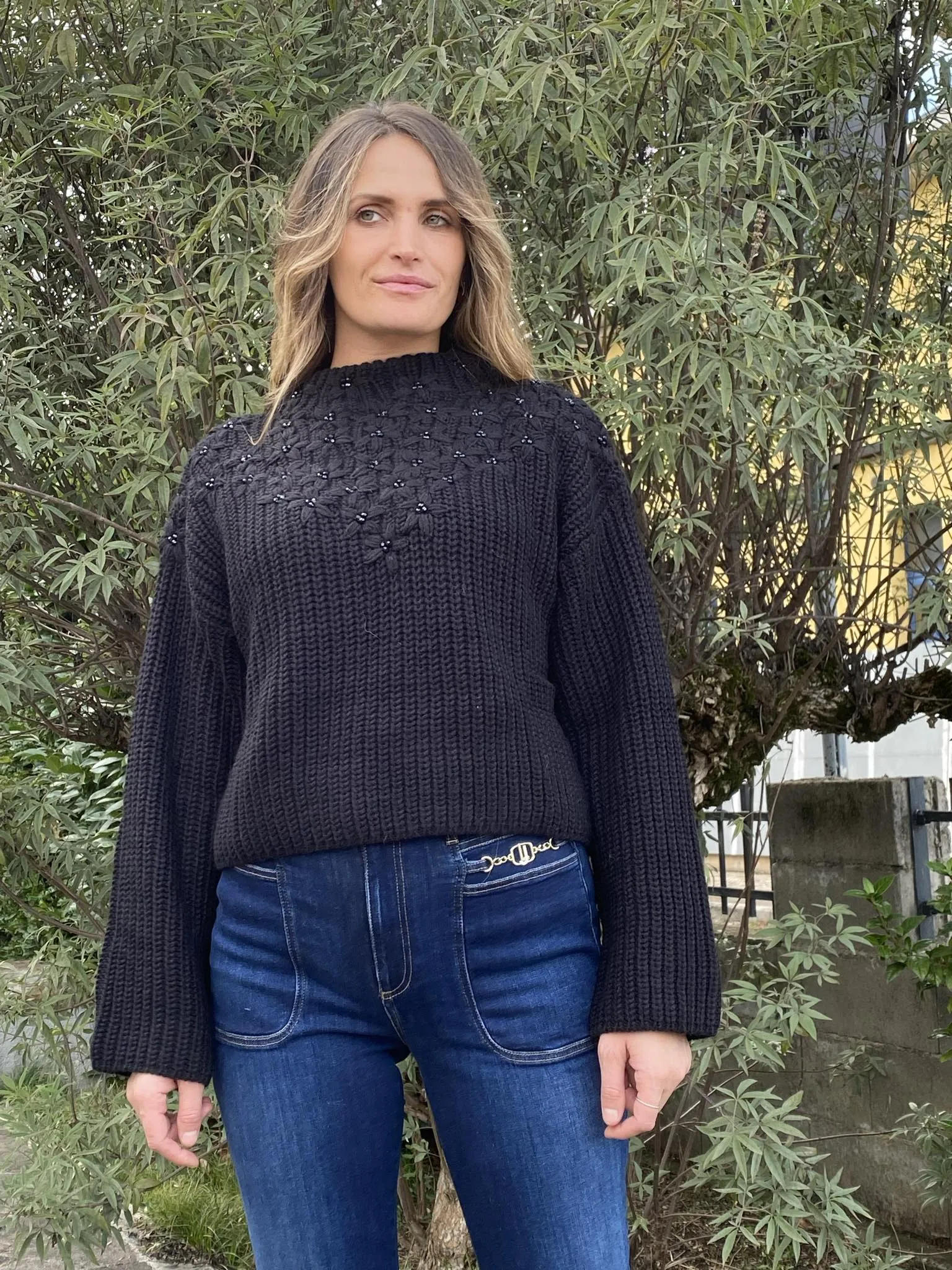 LIU JO maglia donna giro collo misto lana costa inglese con ricamo CF4296MA930