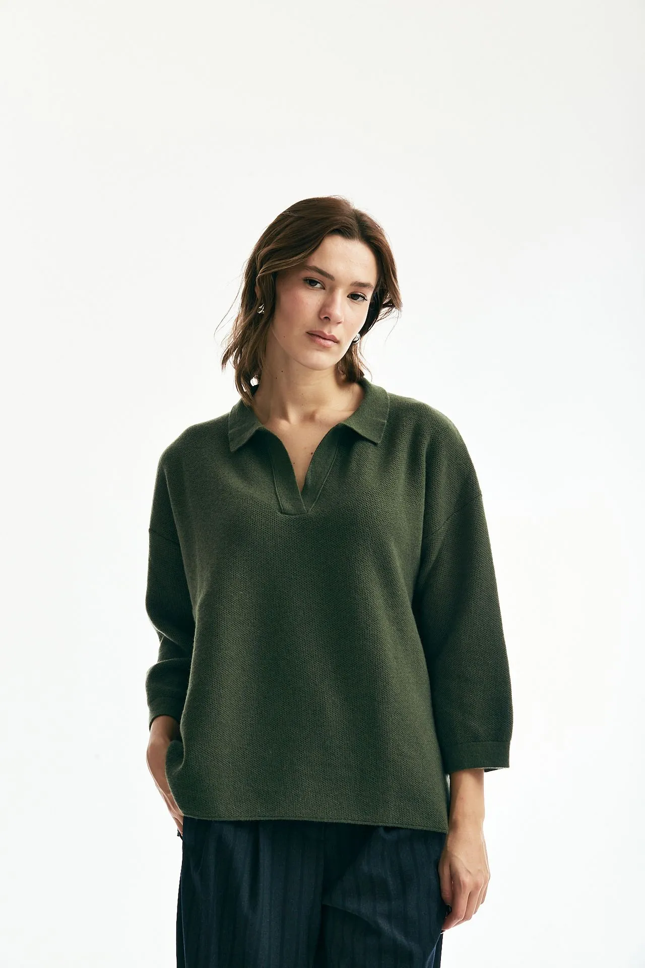 Maglia collo polo in cachemire verde 